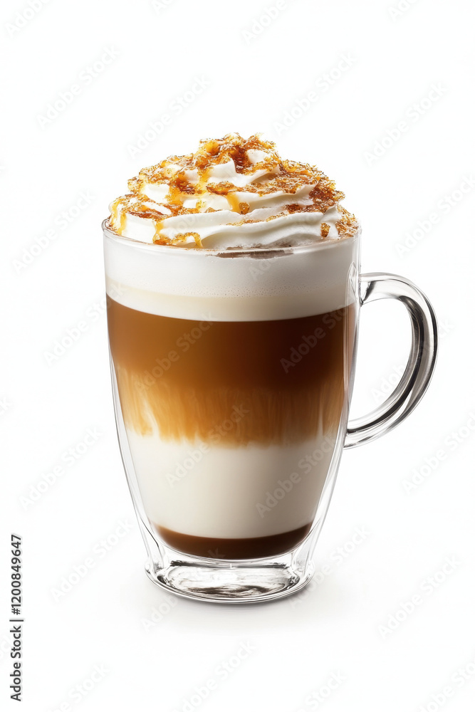 A delicious caramel macchiato in a clear glass mug, featuring layers of espresso and steamed milk topped with whipped cream and caramel drizzle. A delicious caramel macchiato in a clear glass mug, featuring layers of espresso and steamed milk topped with whipped cream and caramel drizzle.