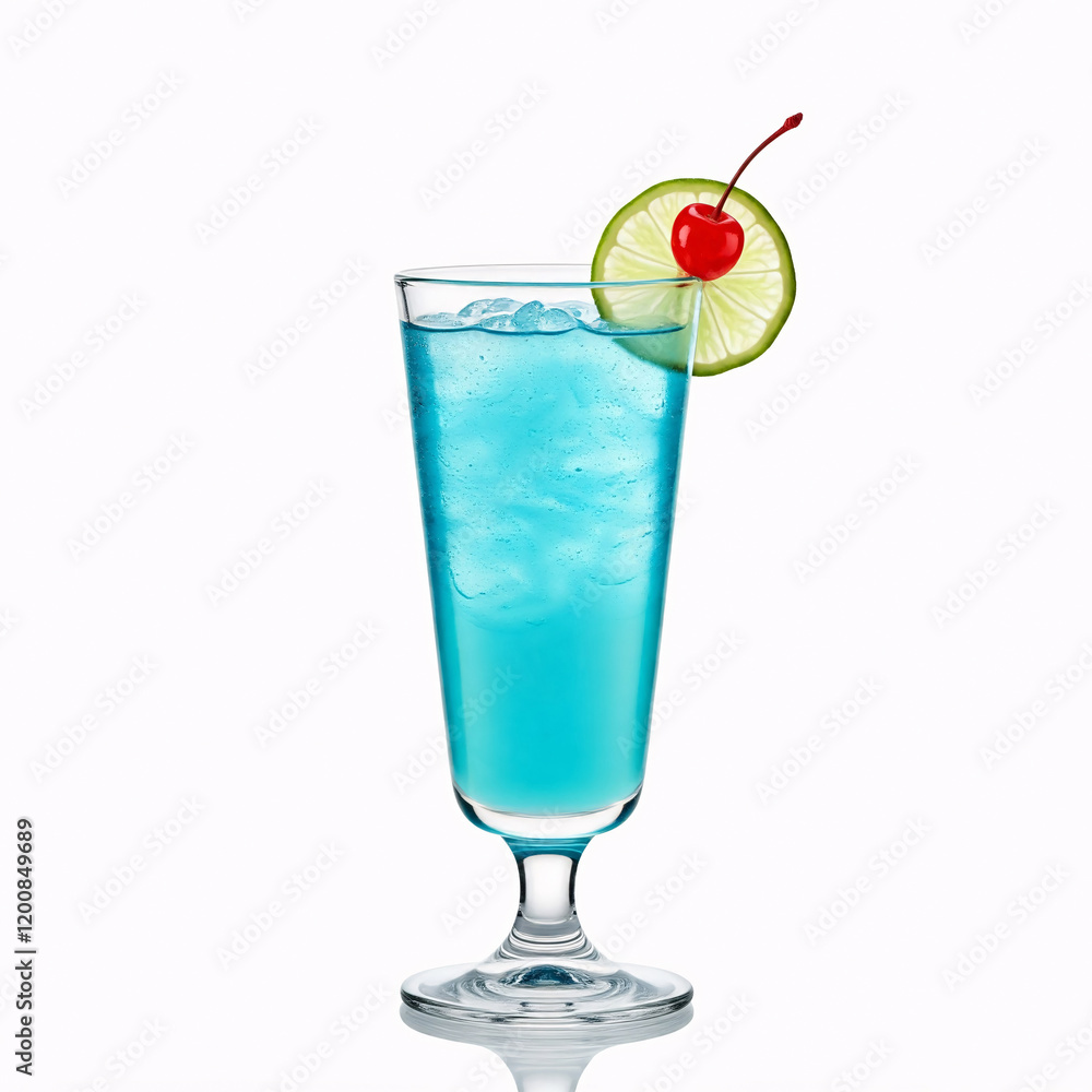 Blue Curacao Cocktail with lime and cherry on white background