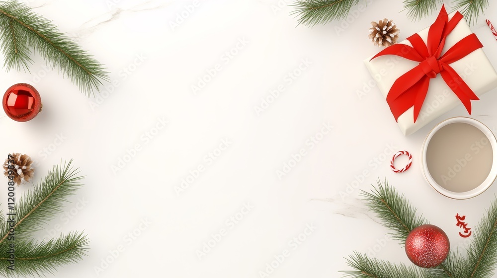 Festive Christmas Flatlay Gift, Hot Drink, and Decorations Festive Christmas Flatlay Gift, Hot Drink, and Decorations