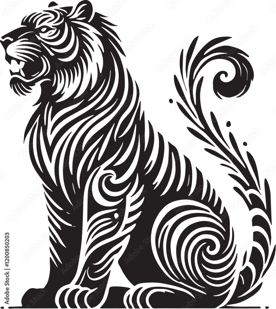 Obraz premium Black Color Tiger Silhouette Vector Illustration, Solid White Background