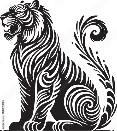 Wallpaper Mural Black Color Tiger Silhouette Vector Illustration, Solid White Background Torontodigital.ca