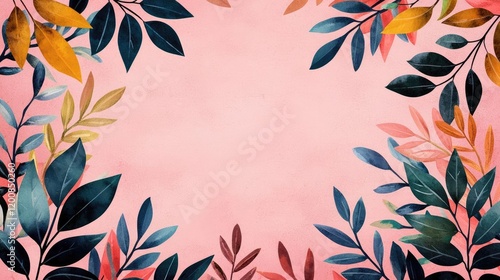 Parchment watercolor idea. A vibrant arrangement of leaves on a soft pink background creating a nature-inspired frame.