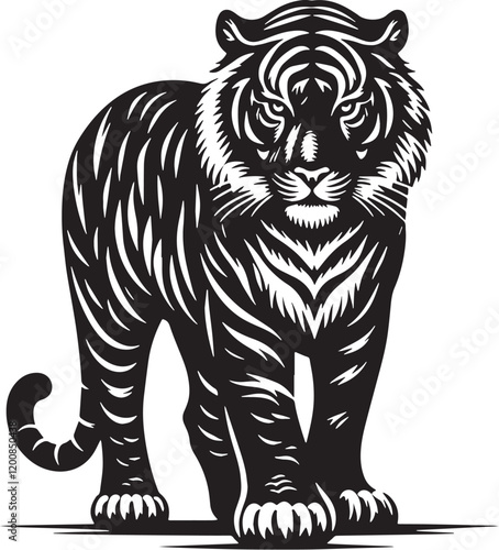Black Color Tiger Silhouette Vector Illustration, Solid White Background