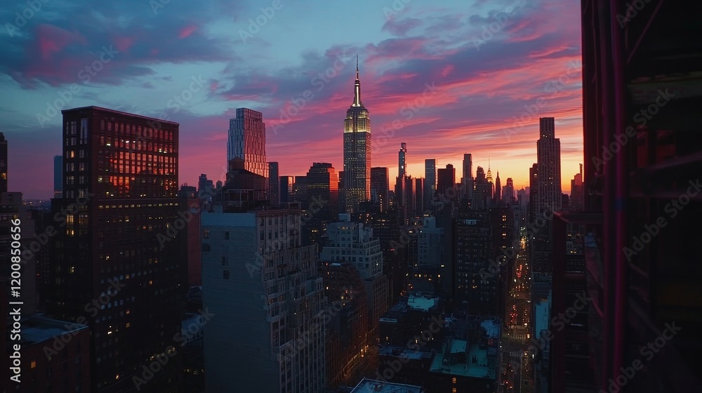 Fototapeta premium Manhattan Midtown Skyline with illuminated skyscrapers at sunset. NYC, USA, Generative AI