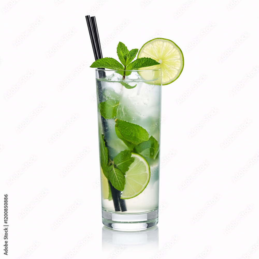 Mojito cocktail with lime, mint, ice and straw isolated on white background Mojito cocktail with lime, mint, ice and straw isolated on white background