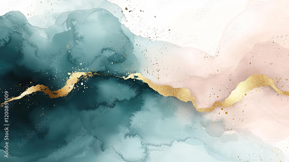 Obraz premium Metallic watercolor concept. Abstract watercolor art with teal, pink, and gold accents, creating a modern aesthetic.