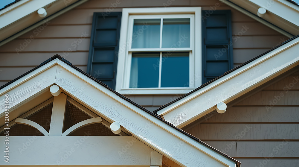 Obraz premium Elegant Home Exterior: White Trim, Gable Roof, and Dark Shutters. High-quality architecture and design details.