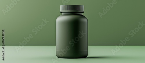 High-quality matte green supplement bottle, captured with soft lighting against a green backdrop.