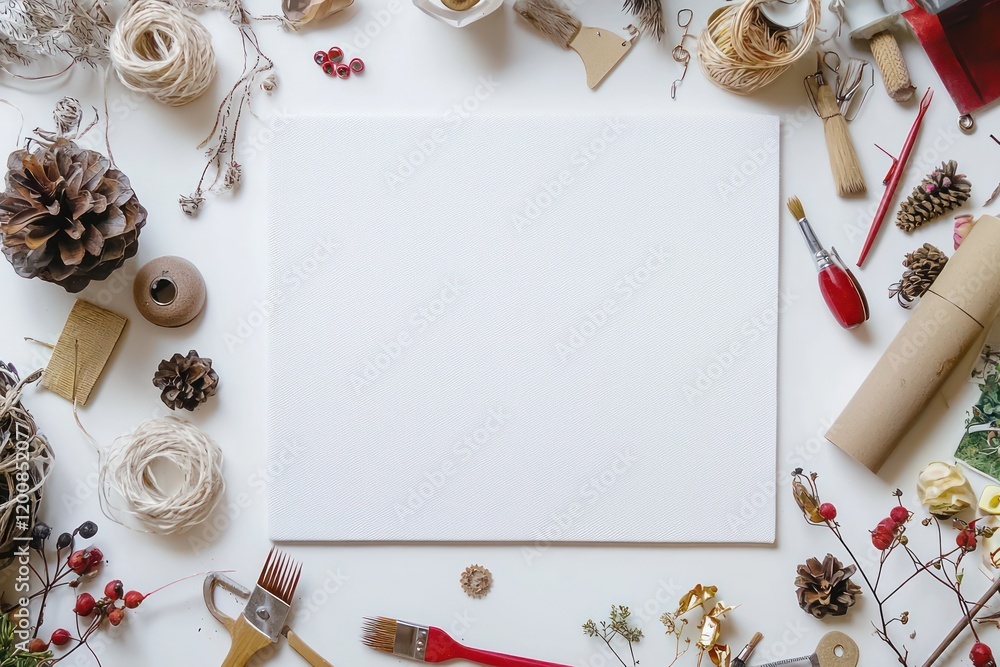 Detailed flat lay of crafting materials surrounding a blank canvas on a white table. Detailed flat lay of crafting materials surrounding a blank canvas on a white table.