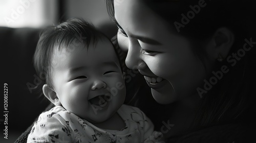 Photo of a laughing baby sitting on mom's lap and enjoying a bonding moment, gazing at her with love. Playful mom tickles her baby. photo