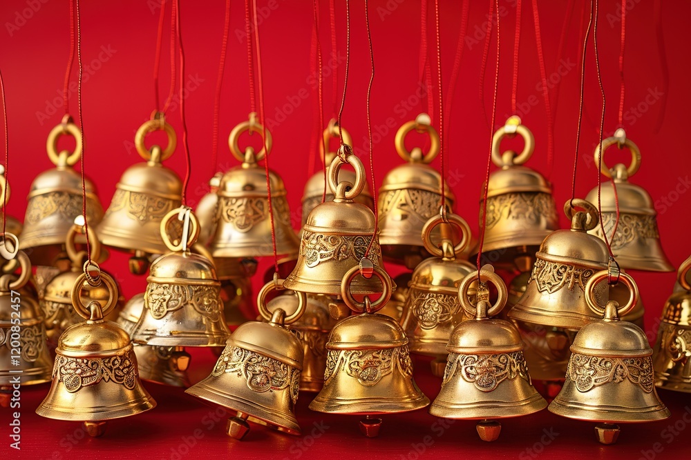 many golden bells on red background many golden bells on red background