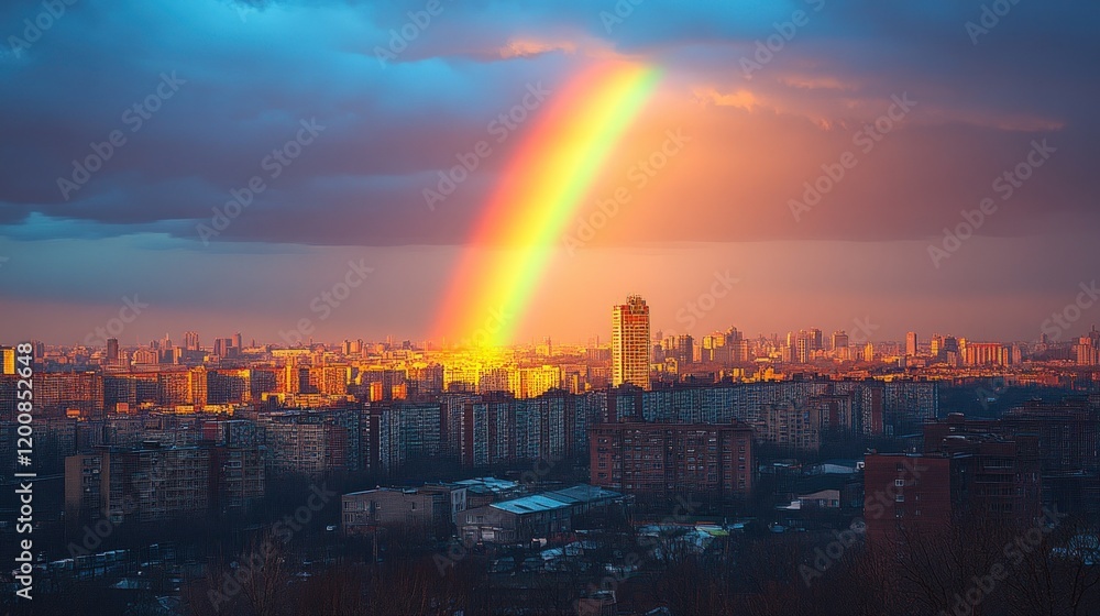 Cityscape sunset, rainbow over buildings. Cityscape sunset, rainbow over buildings.