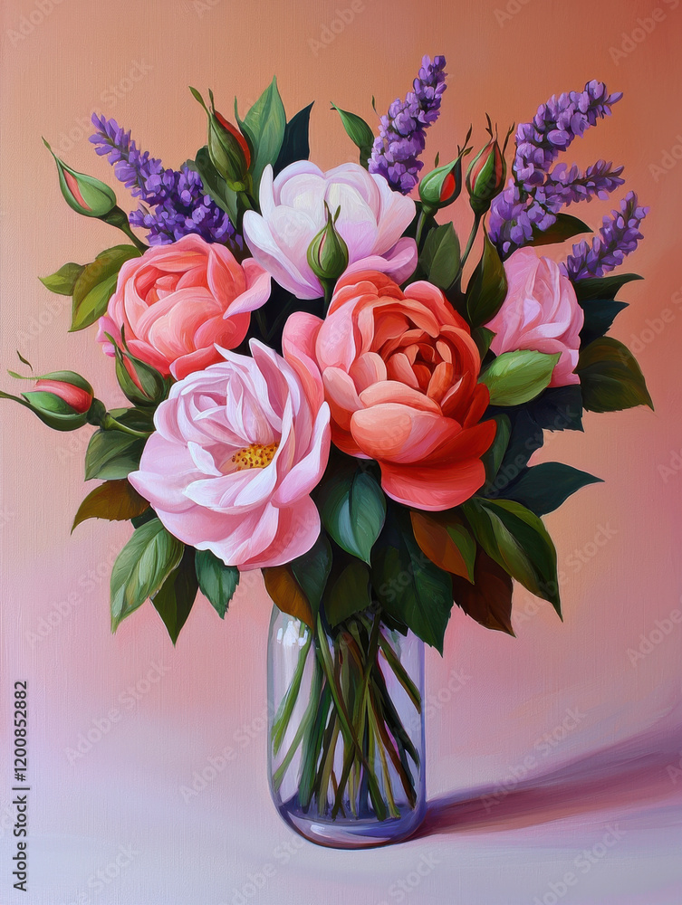 Obraz premium vibrant bouquet of pink and coral roses with lavender accents in glass vase, set against gradient background