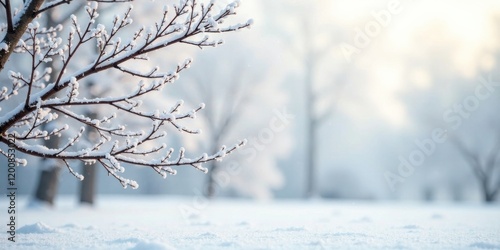 Winter Wonderland A Snow-Covered Branch Extends Towards a Softly Lit Snowy Landscape