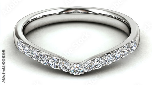 White gold V-shaped diamond wedding band on white photo