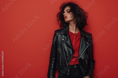 model with fake leather jacket on red background