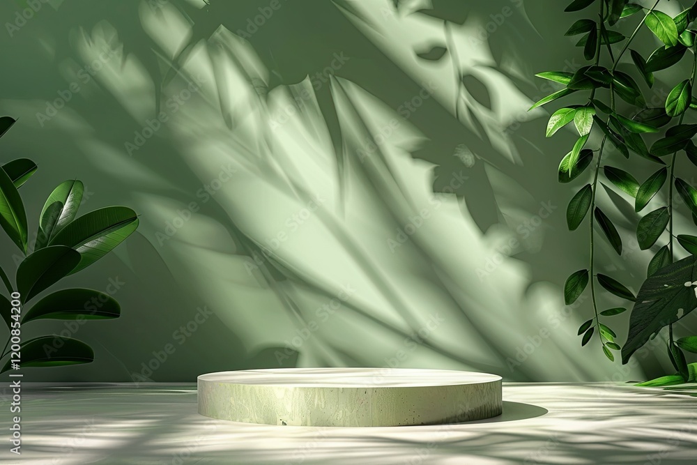Empty Podium with Leaves and Shadows on Green Background for Product Presentation Copy Space Empty Podium with Leaves and Shadows on Green Background for Product Presentation Copy Space