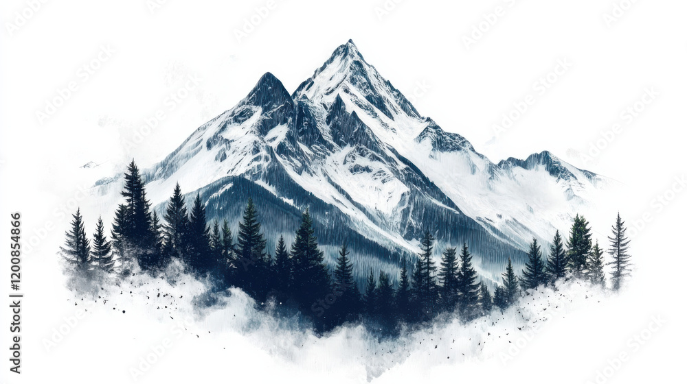 Obraz premium A majestic mountain with snow-capped peaks, clean graphic cut-out style, sharp rock textures with soft snow contrasts