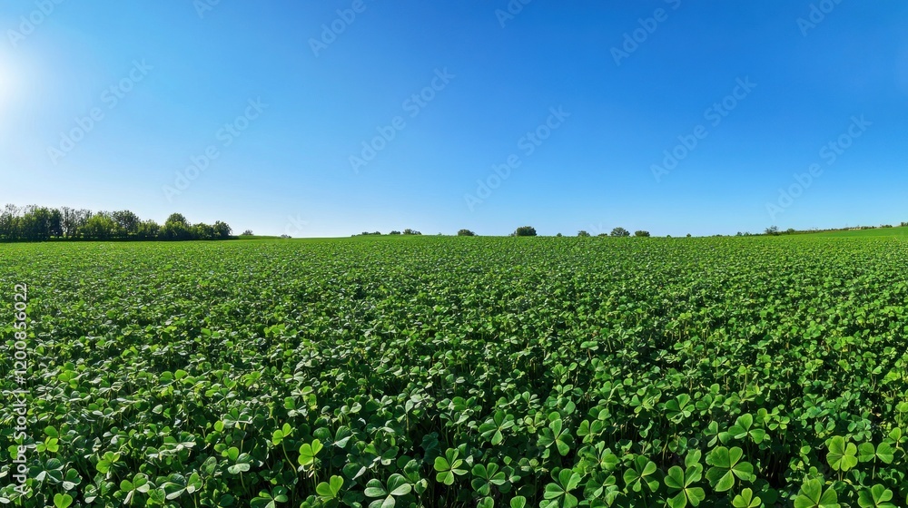 Lush green clover field under sunny sky, rural landscape, agricultural background, perfect for farming brochures Lush green clover field under sunny sky, rural landscape, agricultural background, perfect for farming brochures