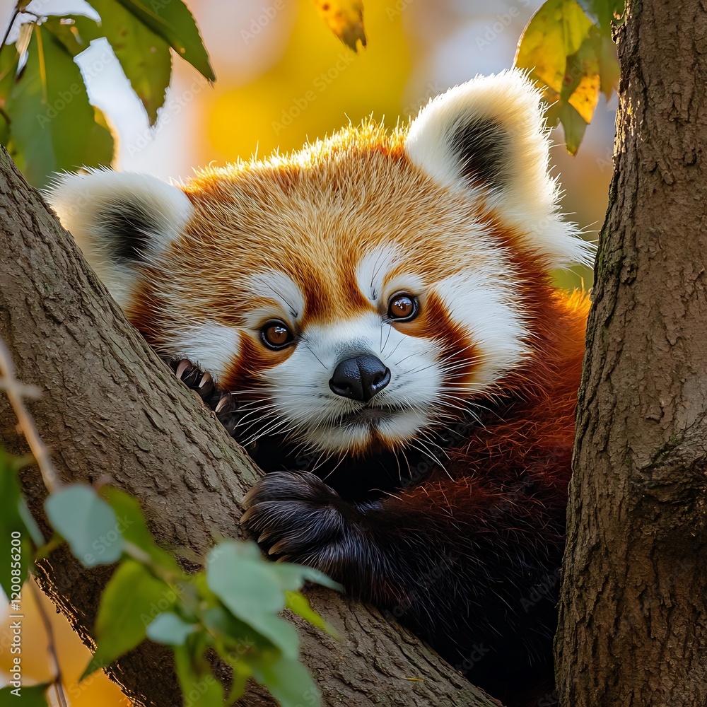 Fototapeta premium Adorable Red Panda Relaxing on a Tree Branch
