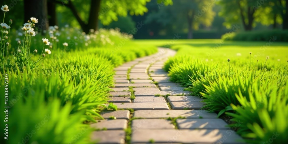 Obraz premium Serene Pathway Winding Through Lush Green Grass and Delicate Wildflowers Under Sunlight