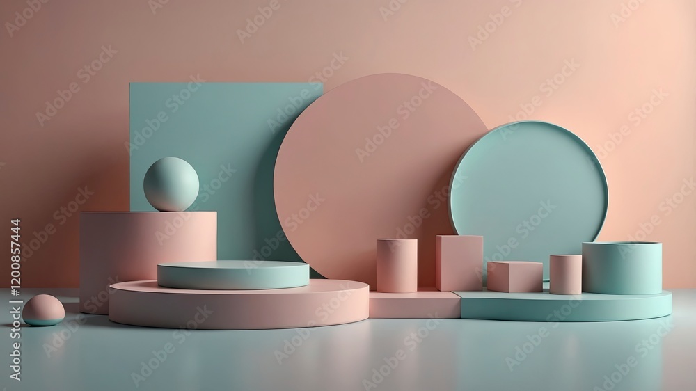 Geometric shapes composition with empty space for product design show. Abstract minimal scene with geometrical forms. Cylinder podiums in pastel colors Geometric shapes composition with empty space for product design show. Abstract minimal scene with geometrical forms. Cylinder podiums in pastel colors