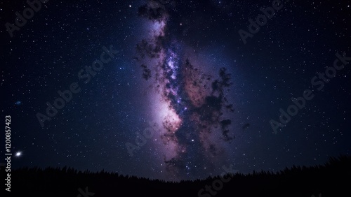 A mesmerizing worm’s-eye view of the Milky Way at night. Dark purples and pinks dominate, with countless twinkling stars surrounding the vibrant galaxy's core photo