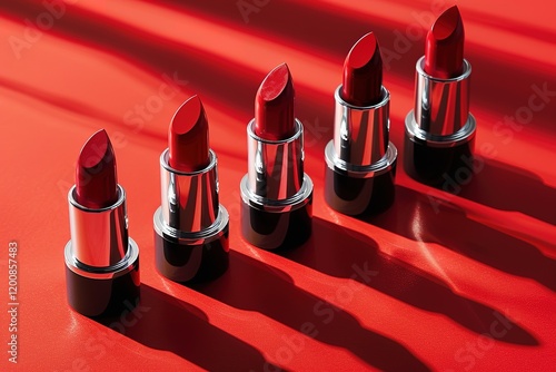Set of bright red lipsticks in elegant shiny tubes placed on red background