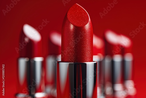 Set of bright red lipsticks in elegant shiny tubes placed on red background photo