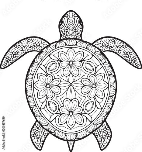 A black and white vector illustration of a turtle mandala.