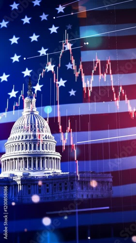 Stock market trends overlaying the United States Capitol building with an American flag background