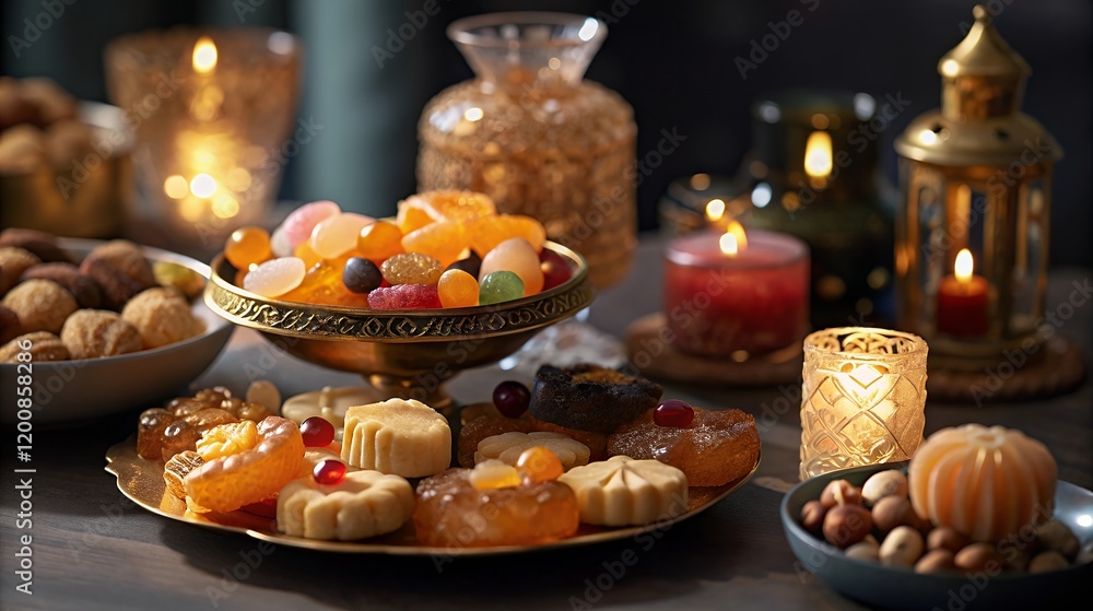 Delicious Ramadan Sweets Treats Festive Candles Golden Decor Delicious Ramadan Sweets Treats Festive Candles Golden Decor