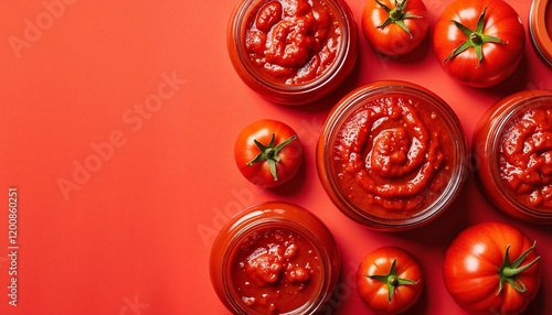 Top view of fresh organic tomatoes and jars of homemade tomato sauce on red background