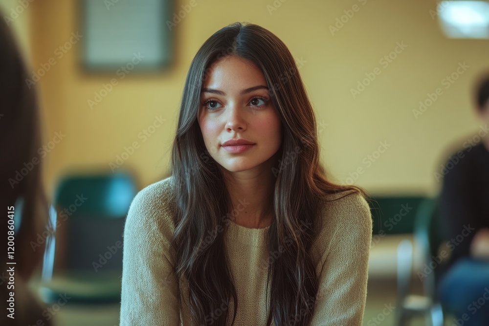 Fototapeta premium Young woman talks while having group therapy meeting at mental health center. Generative AI