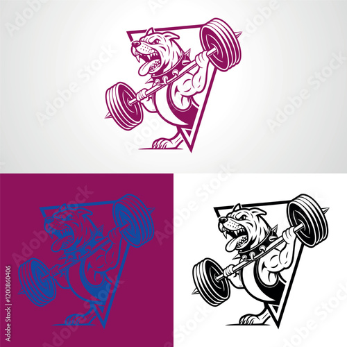 Muscular Bulldog bodybuilder sports mascot, weightlifting, angry expression, anthropomorphic, cartoon style vector logo illustration