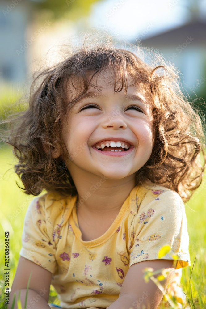 Joyful young child with curly hair sitting on grass, basking in sunlight, and radiating happiness. Joyful young child with curly hair sitting on grass, basking in sunlight, and radiating happiness.