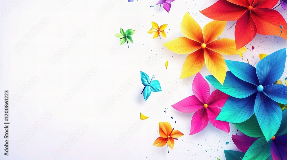 Fototapeta premium Vibrant Paper Flowers and Butterflies: A delightful array of colorful paper flowers and butterflies arranged artfully, creating a vibrant and joyful composition.