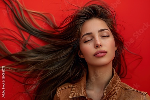 Young woman tossing hair against red background photo