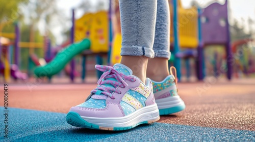 Wallpaper Mural Child playing in colorful playground with stylish sneakers outdoor setting action shot joyful environment Torontodigital.ca