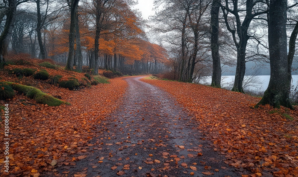 Autumnal path, fallen leaves, forest lake. Autumnal path, fallen leaves, forest lake.