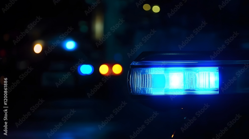 Obraz premium Closeup of Police Lights on Dark Street at Night