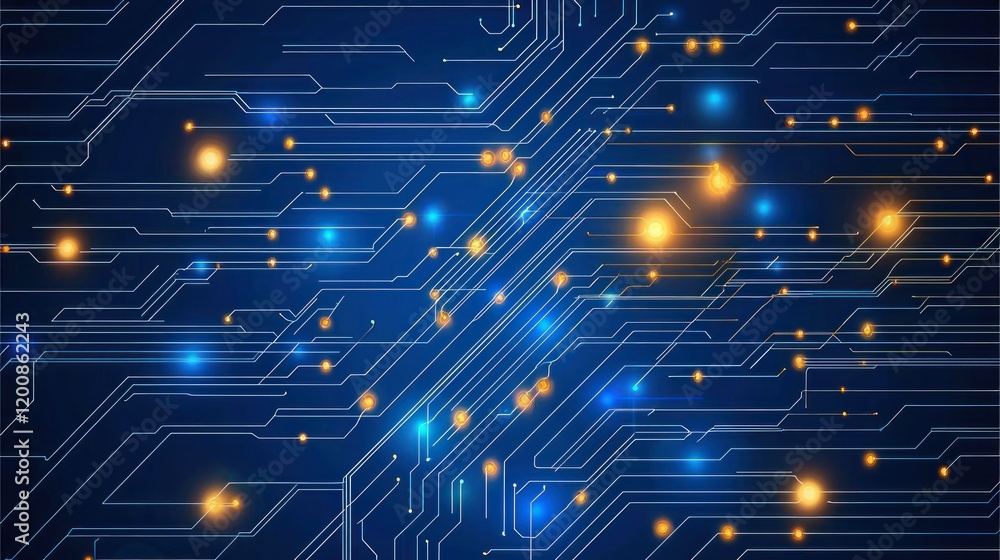 Fototapeta premium Abstract digital circuit design with glowing lights and lines.