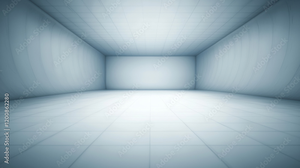 Empty white futuristic room with tiled floor and walls, creating clean and minimalistic atmosphere Empty white futuristic room with tiled floor and walls, creating clean and minimalistic atmosphere
