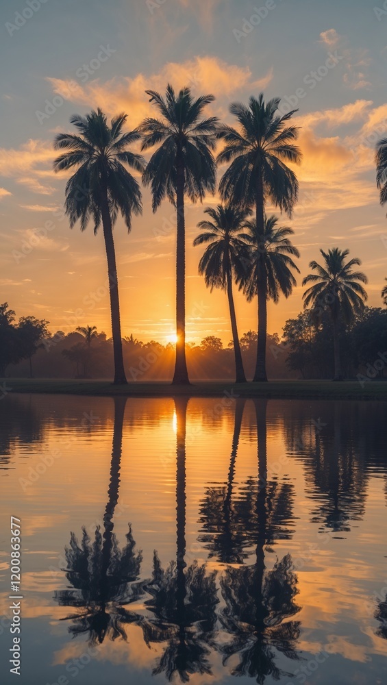 Silhouette of palm trees against sunset reflection on tranquil water surface Silhouette of palm trees against sunset reflection on tranquil water surface