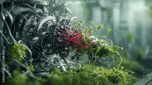 Futuristic biological machines integrating nature science lab digital art high-tech environment close-up view photo