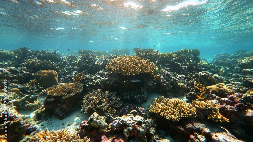 Fototapeta premium Exploring a pristine coral reef underwater vibrant ecosystem tropical ocean marine life immersive view