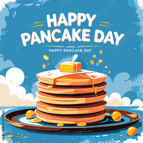 Happy Pancake Day Illustration with Syrup and Butter on Stack of Pancakes