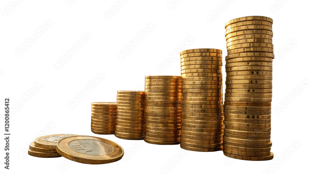 Golden Cityscape: Wealth and Opportunity in Gleaming Coin Towers isolated on white.