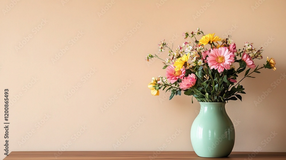 Pastel Blooms in Vase: A charming bouquet of pastel pink, yellow, and white flowers in a light green ceramic vase rests on a wooden surface against a warm beige background. Pastel Blooms in Vase: A charming bouquet of pastel pink, yellow, and white flowers in a light green ceramic vase rests on a wooden surface against a warm beige background.