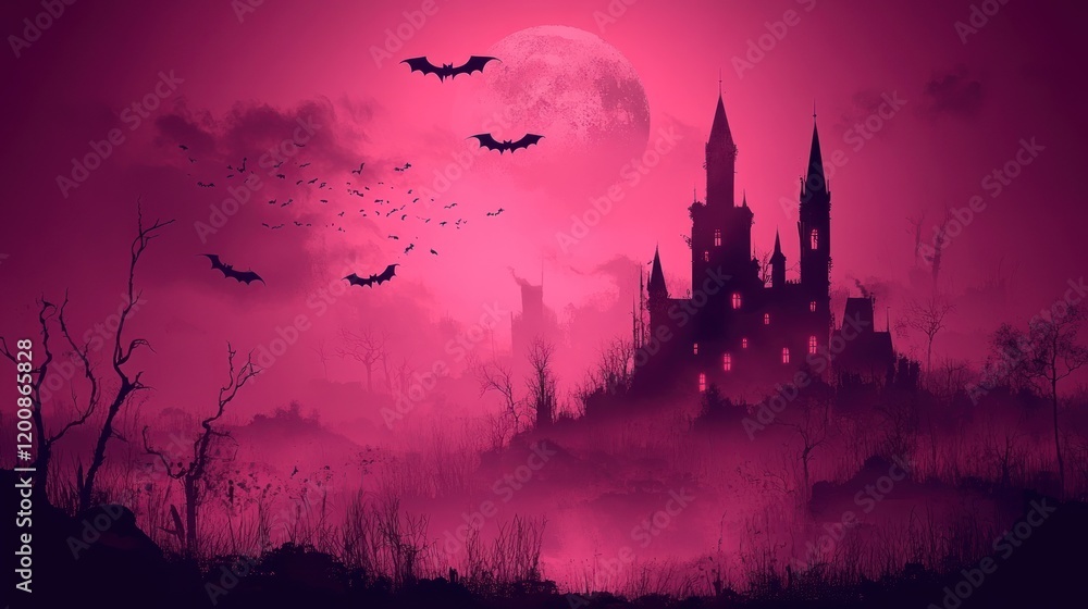 Gothic Castle Silhouette with Bats and Full Moon in Pink Sky at Dusk Gothic Castle Silhouette with Bats and Full Moon in Pink Sky at Dusk